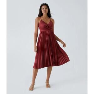 NWT Halara V Neck Lace Up Pleated Midi Dress Plum Blossom Red L